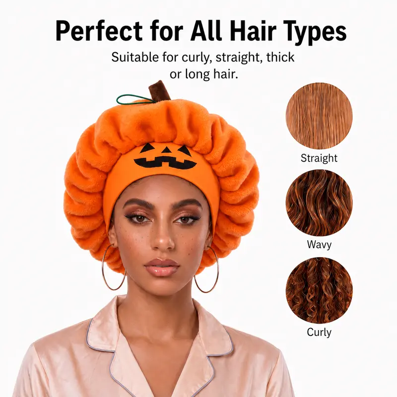 Pumpkin Sleep Cap Halloween Plush Hair Bonnet Elastic Jack O Lantern Sleep Cap Fluffy Head Wrap for Skincare Makeup Night Sleep Holiday Party Wear Band Sleep Cap Silk