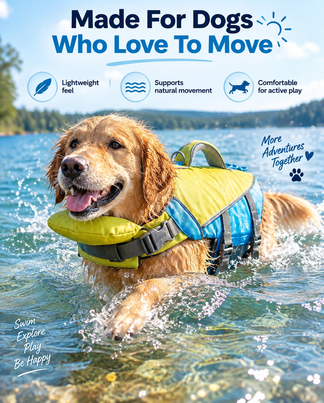 Dog swimming with flotation vest