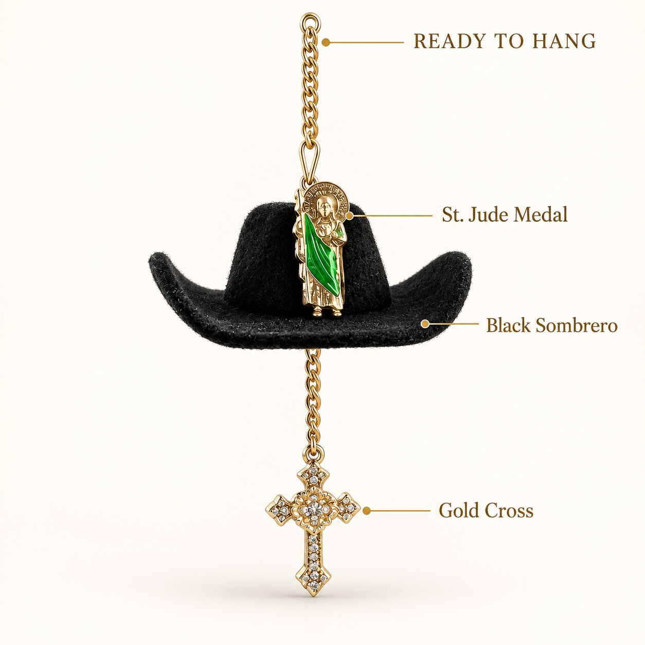St. Jude Car Blessing Charm – Handmade Protection Ornament with Black Sombrero | Car Trinket & Decoration Gift