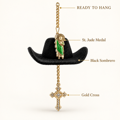 St. Jude Car Blessing Charm – Handmade Protection Ornament with Black Sombrero | Car Trinket & Decoration Gift