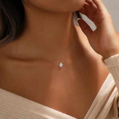 Women's Floating Cubic Zirconia Pendant Necklace on Invisible Transparent Cord