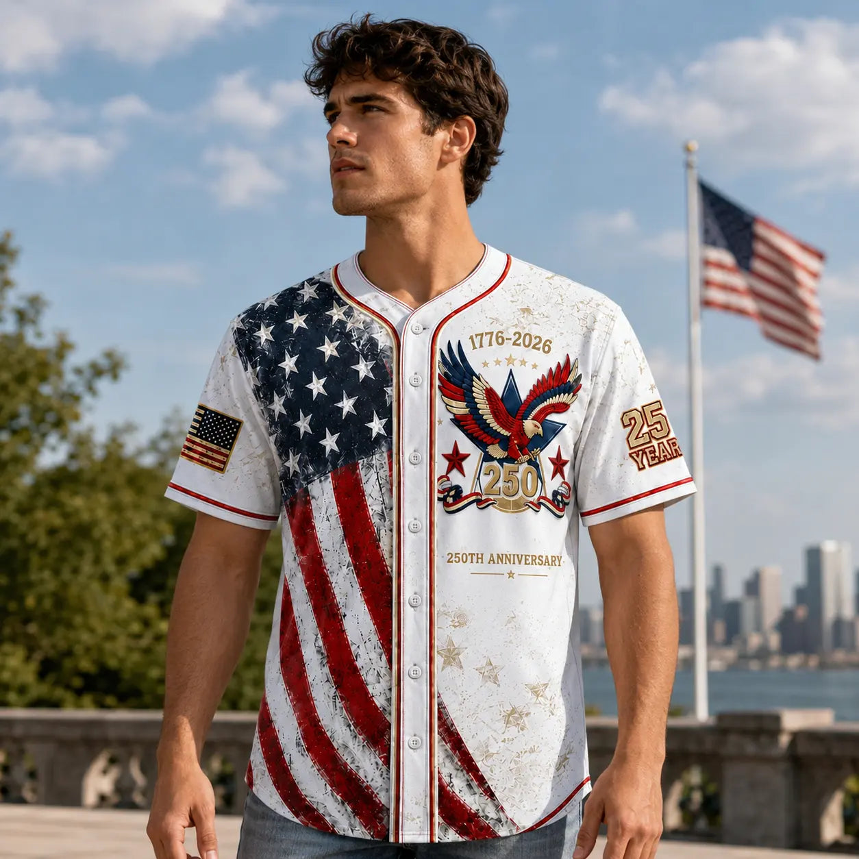 Men's USA 250th Anniversary Baseball Jersey Patriotic American Flag Eagle Button Down Shirt 1776-2026, Vintage Distressed 4th of July Independence Day Graphic Tee, Unisex Casual Sports Top for Men Women, White