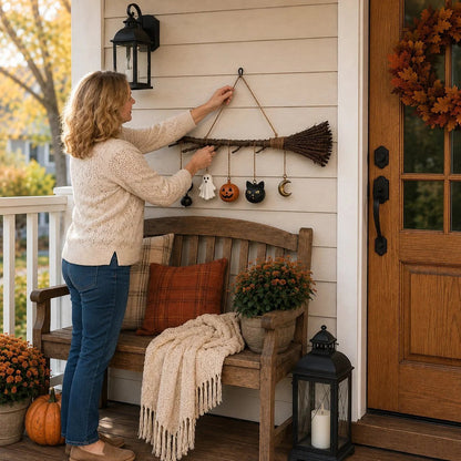 🍂 Rustic Twig Lighted Broom | Handcrafted Fall Wall Hanging with Warm LED Glow & Spooky-Cute Charms 🏡