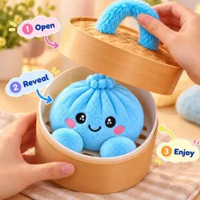 Cute Plush Stuffed Dumpling Squishies with Bamboo-Style Steamer Basket