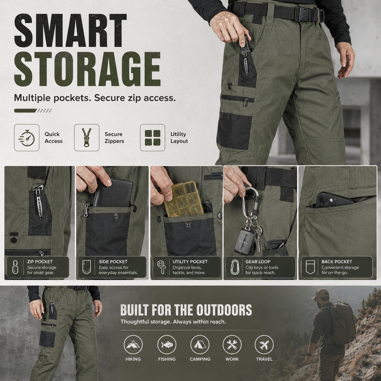 🔥Buy 2 Free Shipping👖Men's Solid Color Camouflage Printed Pocket Zipper Waterproof Tactical Work Pants