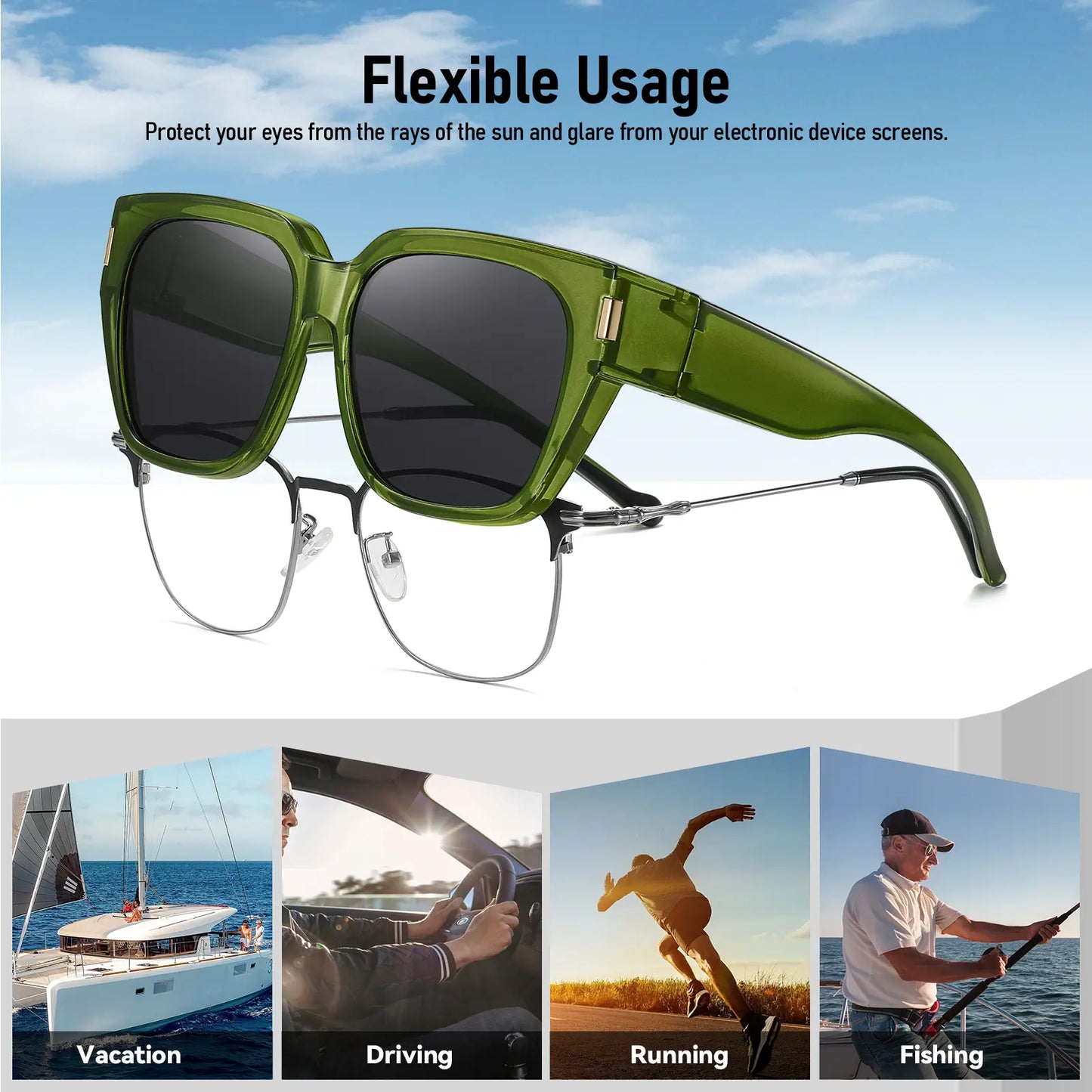 Polarized Fit Over Glasses Sunglasses for Women Men Trendy Square Wrap Around Shades UV400 Protection Lightweight & Durable