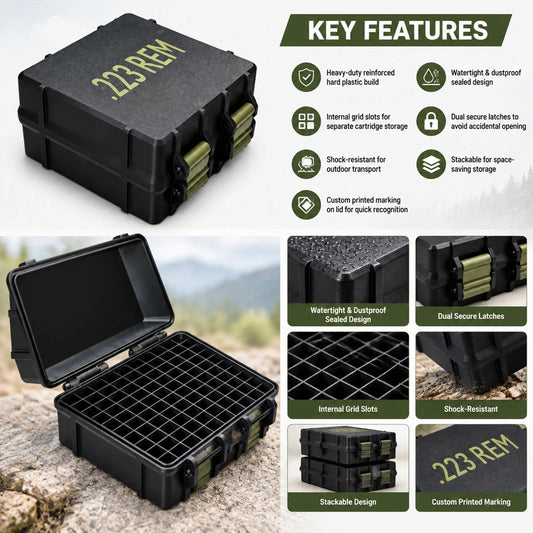 100 Round Ammo Storage Box | Waterproof Hard Shell Ammunition Organizer Case