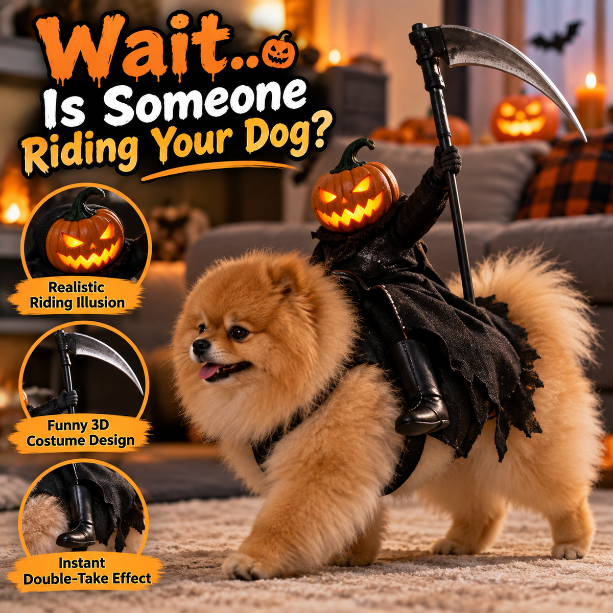 🎃 Spooky Rider™ – Funny Pumpkin Reaper Halloween Dog Costume