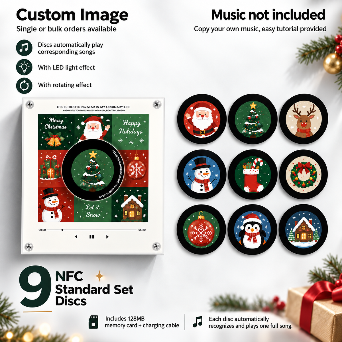 🎄🎵Christmas NFC Music Player – Turn Your Fridge Into a Holiday Jukebox. with 9 Vinyl Style Discs and USB C