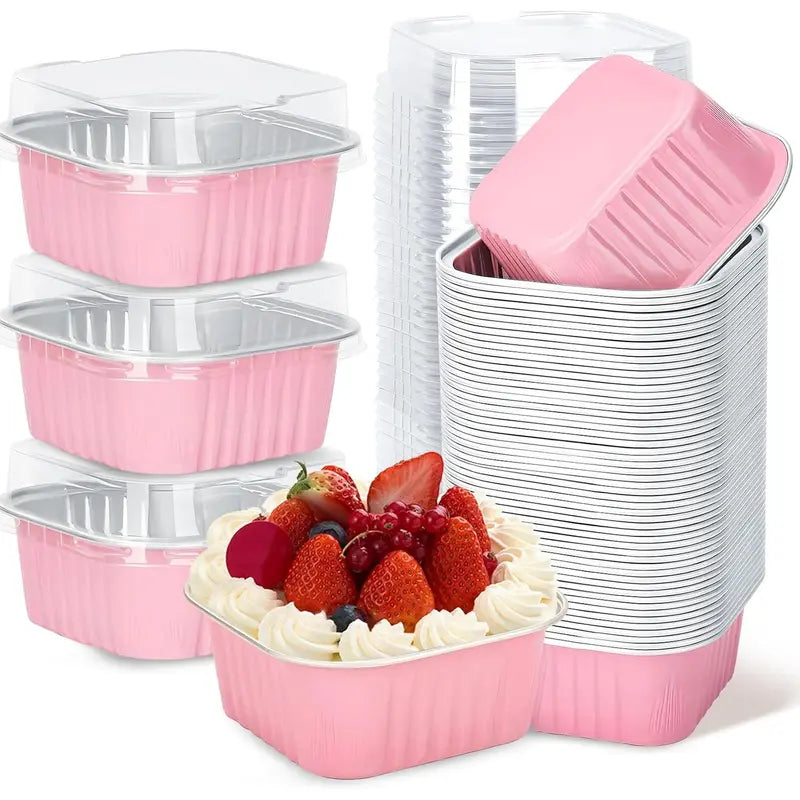 30-Pack Pink Mini Foil Cake Pans with Lids – 5oz Disposable Dessert Cups