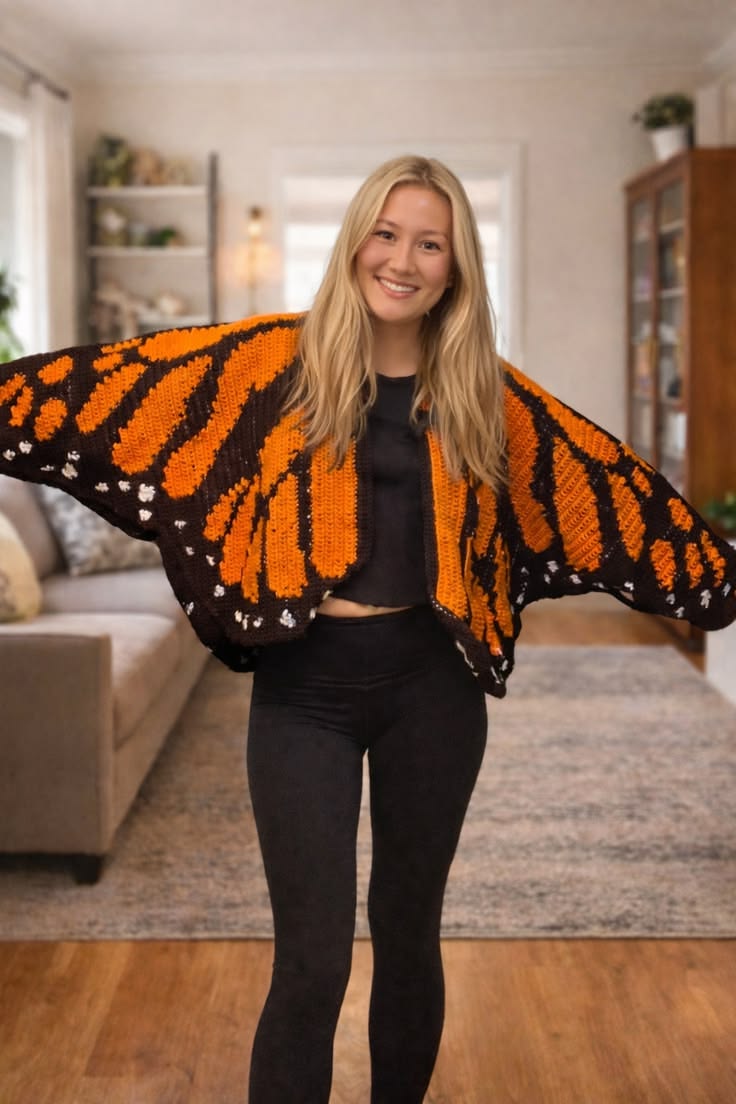 🦋Butterfly Wing Crochet Cardigan – Boho Open Front Knit Sweater