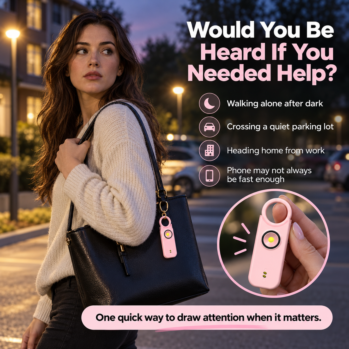 Personal safety alarm forwomen: features a high-decibel siren and strobe light;keychain design; helps protectbelongings and prevent loss.