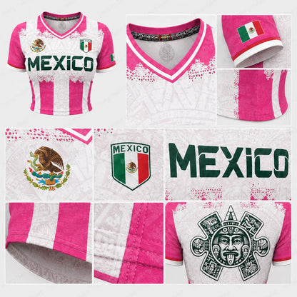 Mexico Pink Crop Jersey – Women's Aztec Soccer Top with National Flag Graphic