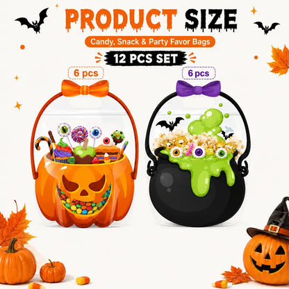 Halloween Goodie Bags Plastic Candy Bag Trick or Treat Bags with Cauldron Skeleton black Cat Skull Pumpkin Design