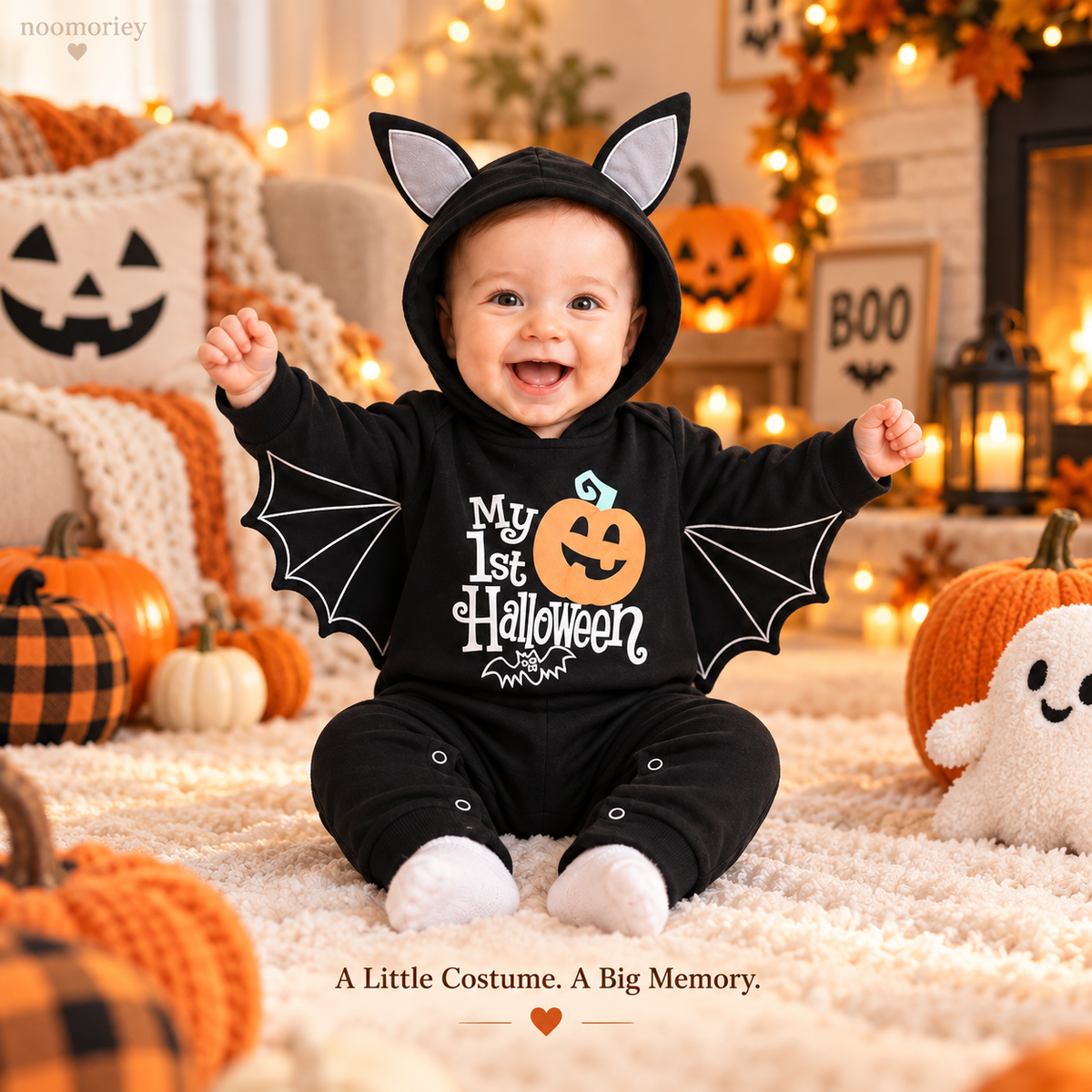 🎃 Baby’s First Halloween Bat Romper – Cute Winged Hooded One-Piece Costume