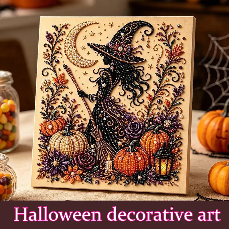 Diamond Art Kit for Beginners, DIY Halloween Witch on Moon Bead Painting, Sparkling Pearl-Style Craft Set