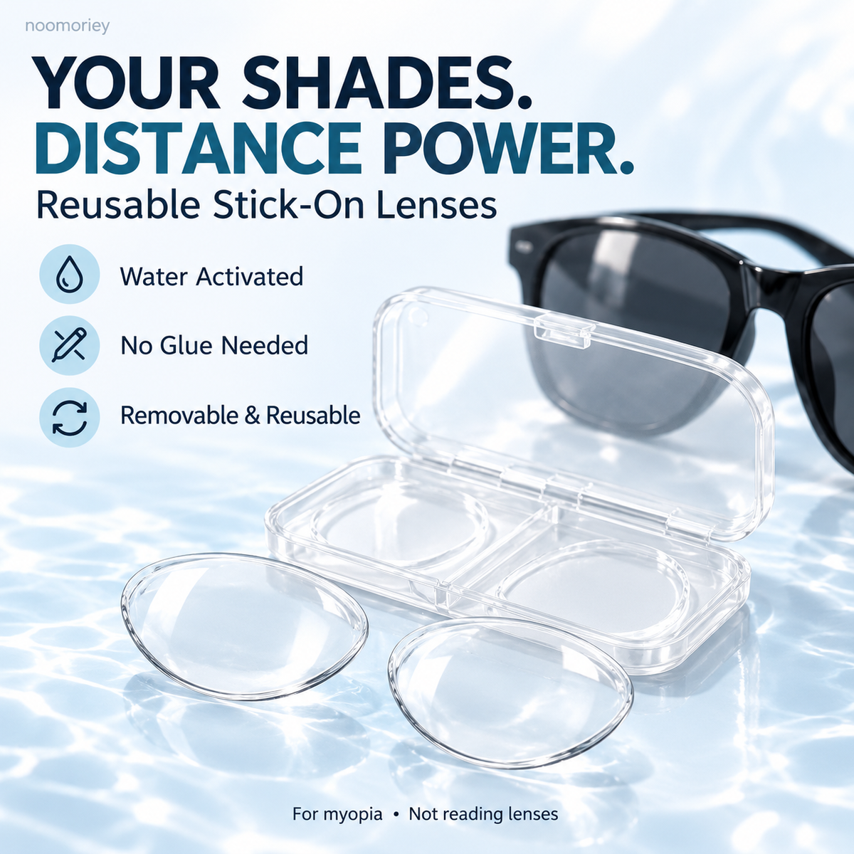 Reusable Stick-On Distance Lenses for Sunglasses – Water-Activated, No Glue & Easy to Remove