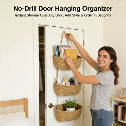 🧺Woven cotton 3-Tier Over the Door Basket, Wall-Mounted Jute Storage Organizer🔥