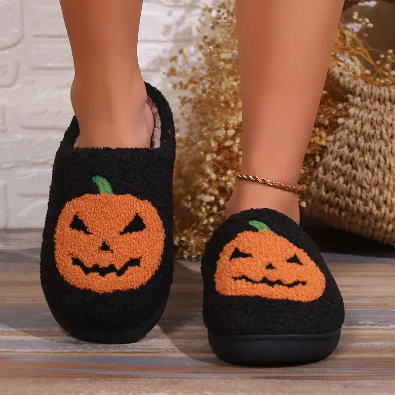 Women Men Comfy Faux Fur Lined Skull Pumpkin Plush Slippers