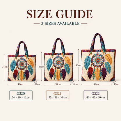 ✨ Boho Dreamcatcher Quilted Tote Bag – 3D Embroidered Feather Design, Spacious Everyday Carryall