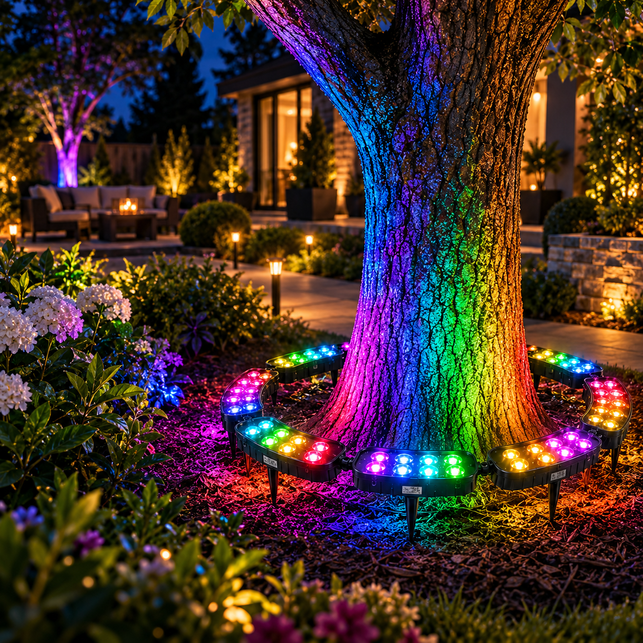 Garden tree illuminated at night by a multicolor ring of LED landscape lights