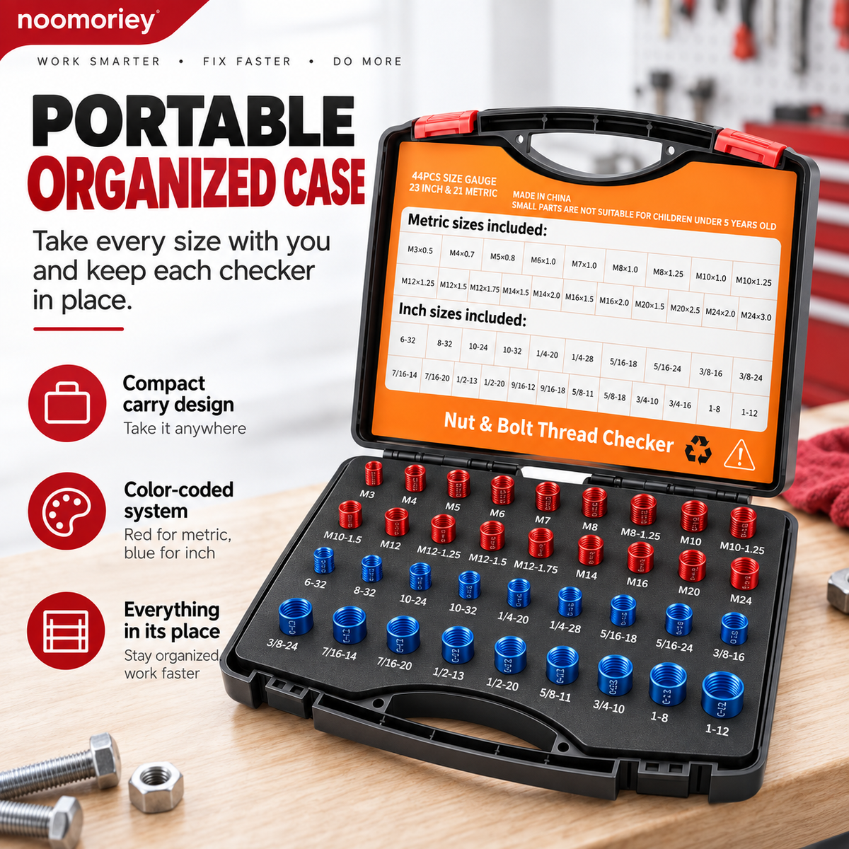 26/44-Piece Nut & Bolt Thread Checker – Metric & SAE Thread Gauge Kit with Storage Case