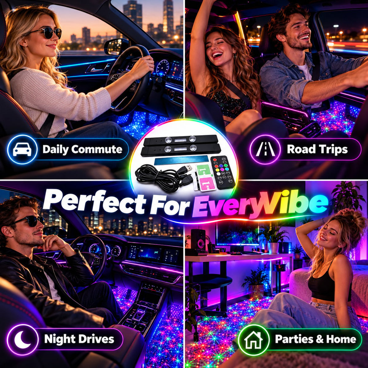 Wireless Car LED Ambient Lighting | Multi Color Music Sync Interior Light Set