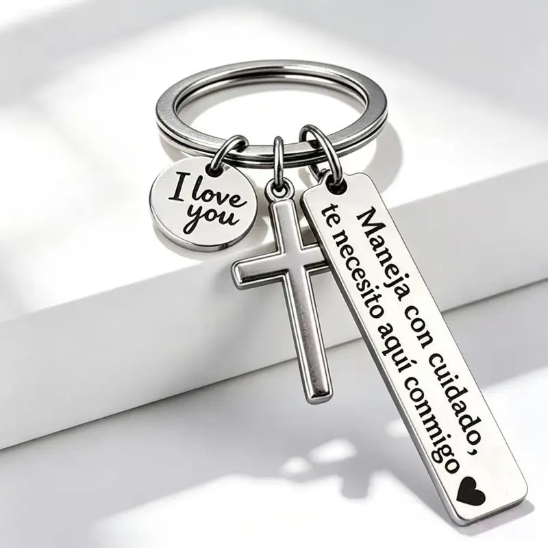 Maneja Con Cuidado Te Necesito Aquí Conmigo Keychain with Cross & "I Love You" Charm