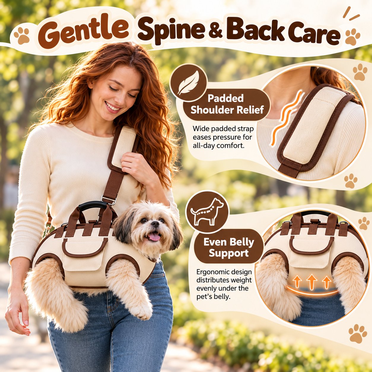 Padded shoulder strap and broad belly support of pet carrier