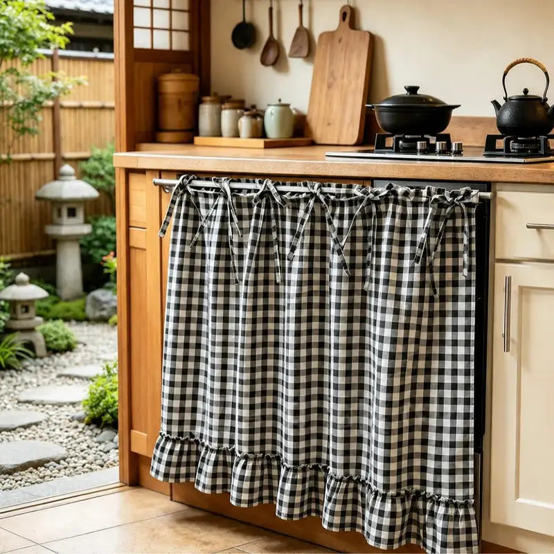2026 Farmhouse-Style Stove Curtain, Gingham Grid Ruffle-Edge Tier Curtains