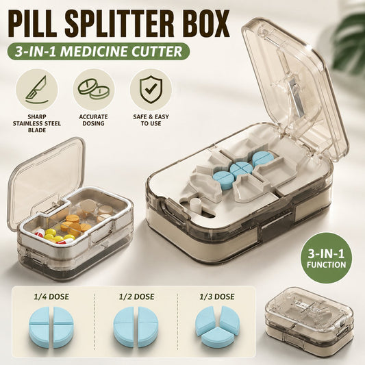 Pill Splitter Box-3-in-1 Medicine Cutter for 1/4 1/2 & 1/3 Doses