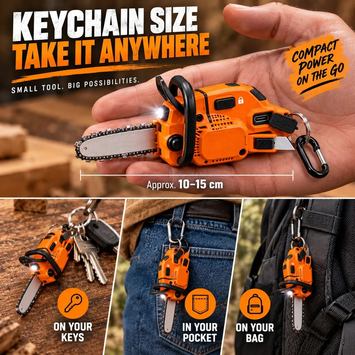🪚 Mini Chainsaw Keychain Multi-Tool – Rechargeable LED Flashlight & Retractable Utility Cutter