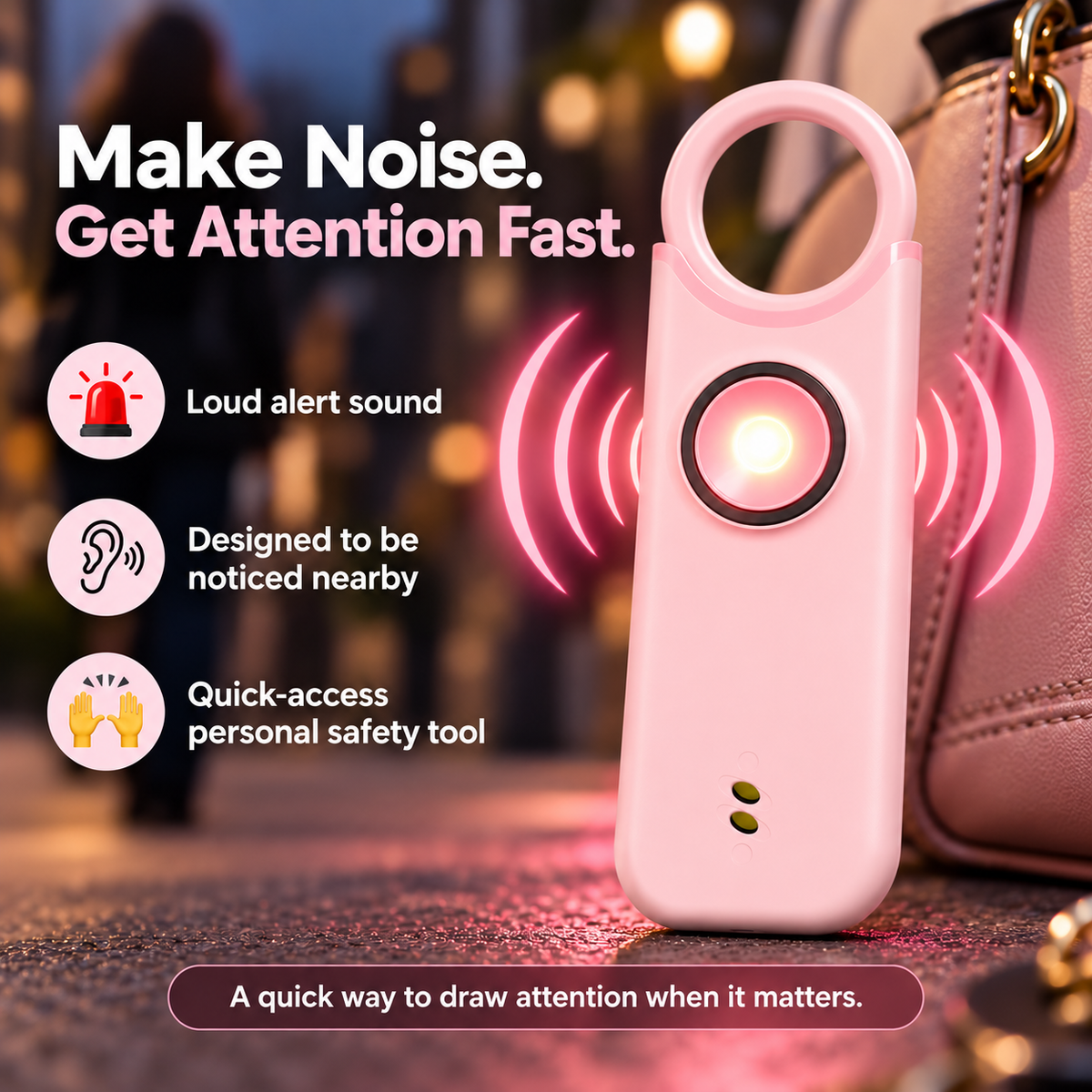 Personal safety alarm forwomen: features a high-decibel siren and strobe light;keychain design; helps protectbelongings and prevent loss.
