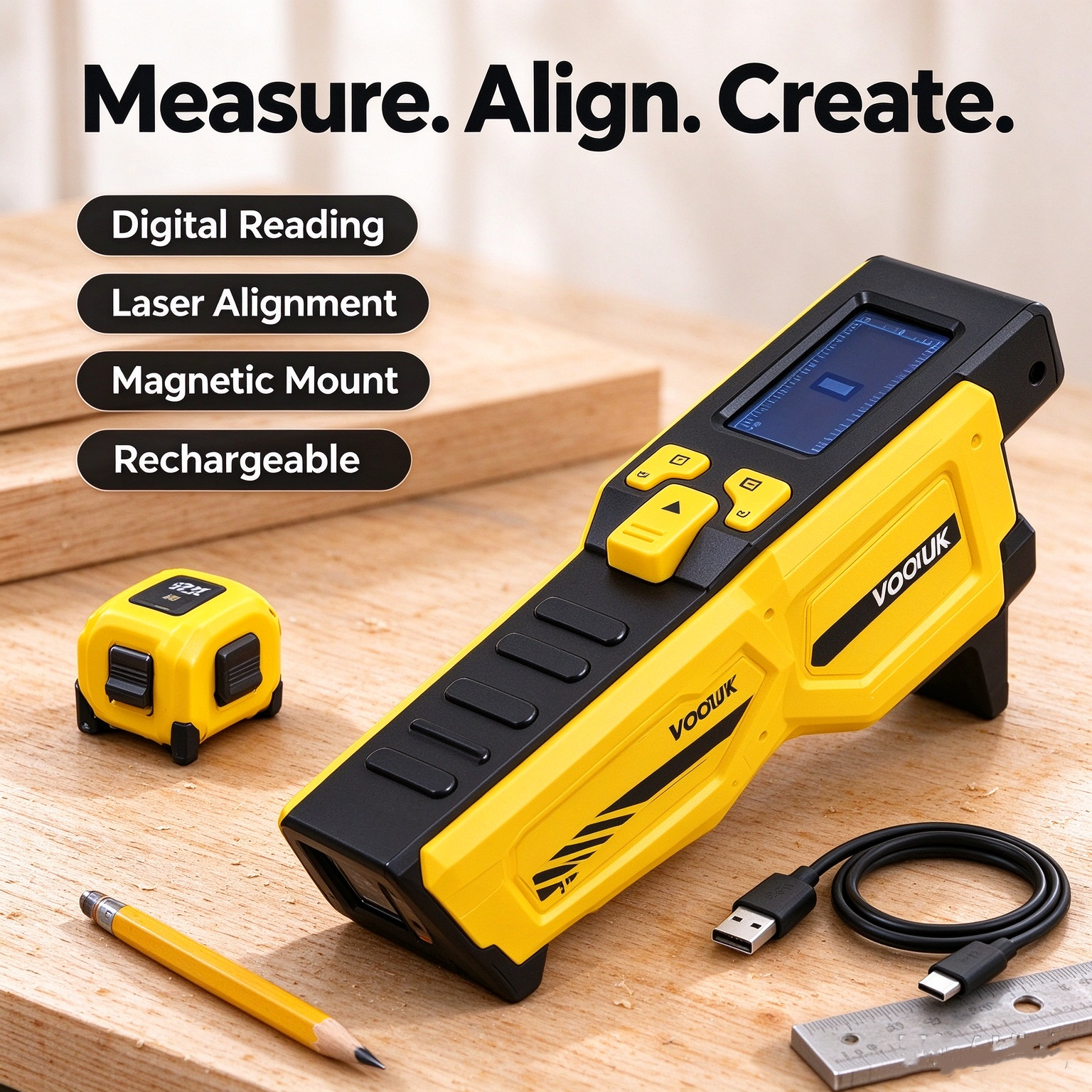 Black and yellow digital tape measure with display and USB cable