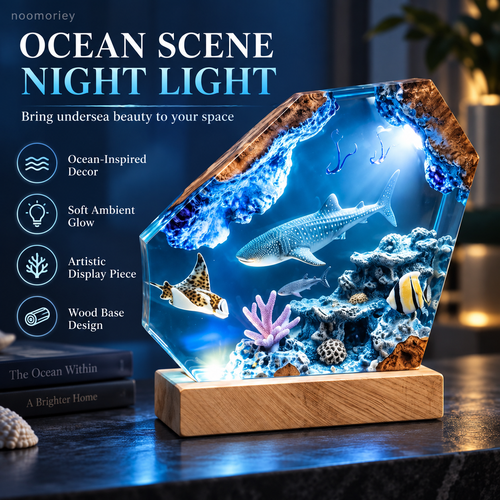 🌊 Ocean Scene Night Light – Whale Shark Display with Wood-Grain Base