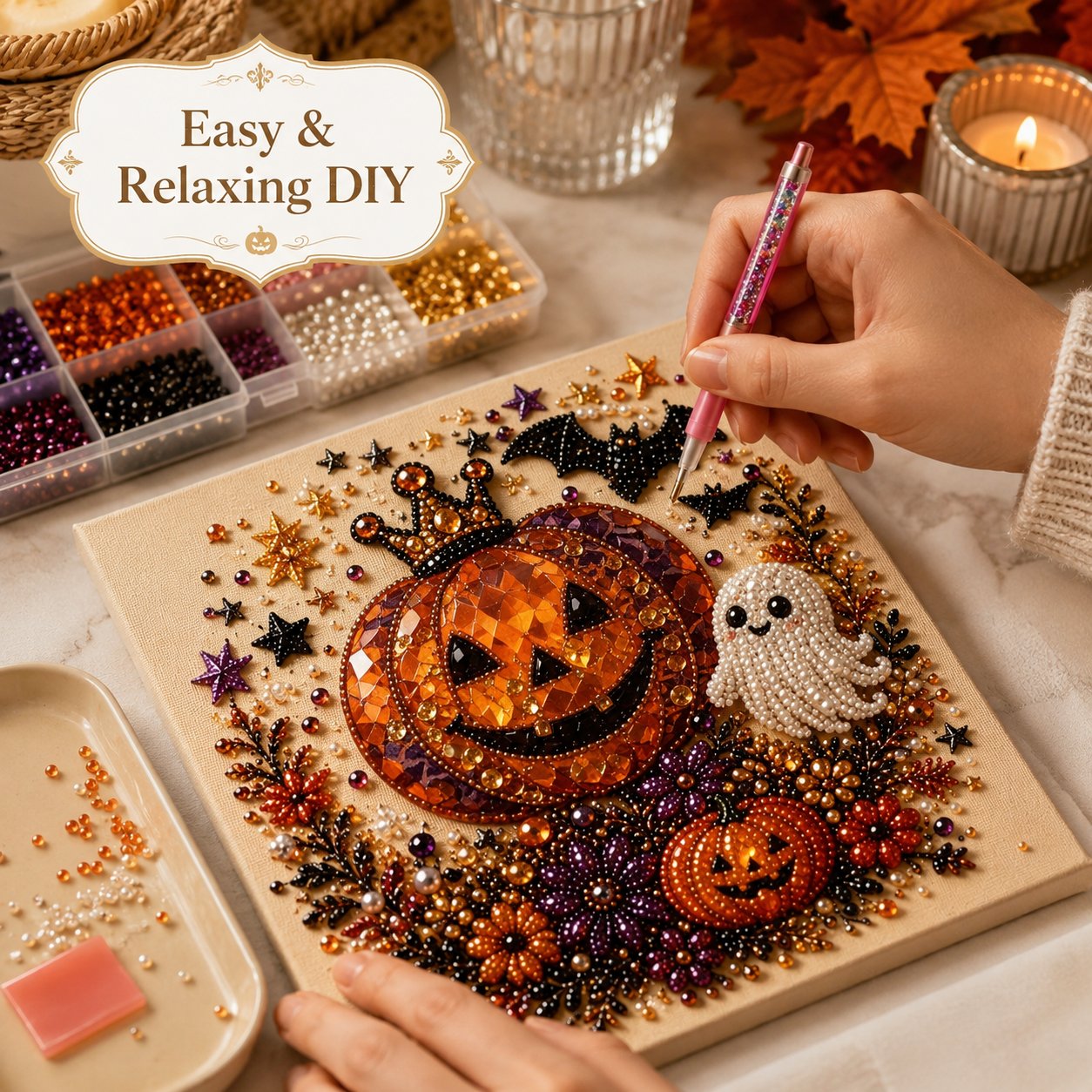 🔥LAST DAY 50% OFF - 🎃 Halloween Pearl Diamond Art Kit – DIY 3D Sparkling Bead Painting Craft For Spooky Home Decor