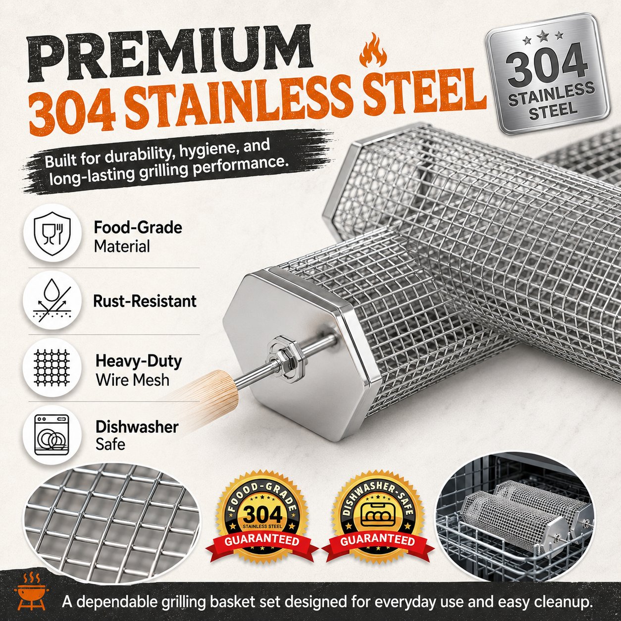 🍢 Rolling Grill Baskets (2-Pack) | No More Burnt Veggies—Grill Perfectly Every Time! 🔥