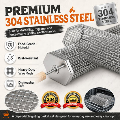 🍢 Rolling Grill Baskets (2-Pack) | No More Burnt Veggies—Grill Perfectly Every Time! 🔥