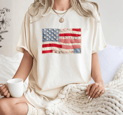 Retro American Flag Shirt, Faux Patchwork USA Tee, Digital Print Shirt, 4th of July Shirt