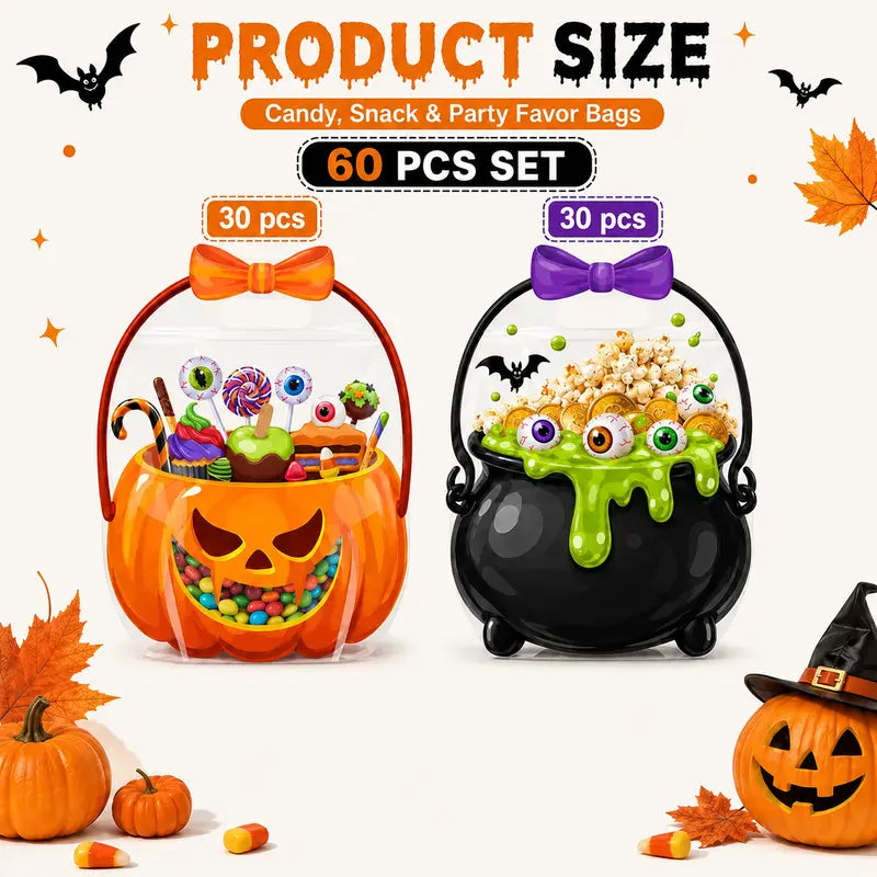 Halloween Goodie Bags Plastic Candy Bag Trick or Treat Bags with Cauldron Skeleton black Cat Skull Pumpkin Design