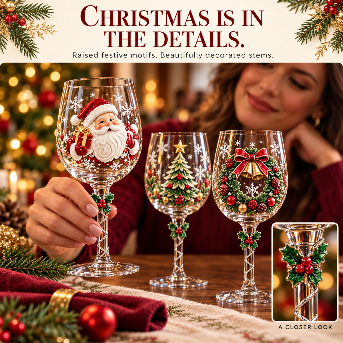 🎄✨ Christmas Clearance Sale! 🎅🥂 Christmas Wine Glass Gift Set of 6 – Beautiful Raised Designs for Holiday Toasts & Gifting