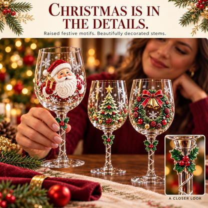 🎄✨ Christmas Clearance Sale! 🎅🥂 Christmas Wine Glass Gift Set of 6 – Beautiful Raised Designs for Holiday Toasts & Gifting