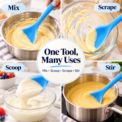 🍳✨ 2-in-1 Silicone Scraper Spoon 🥄💙 Flexible Edge for Easy Scooping, Mixing & Scraping 🧁🍯 Non-Scratch Kitchen Spatula 🍲🌈 5 Colors Available
