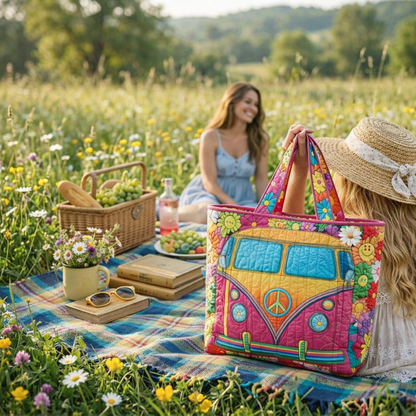 Retro Hippie Van Quilted Tote – Boho Style Meets Everyday Function 🌈🌸