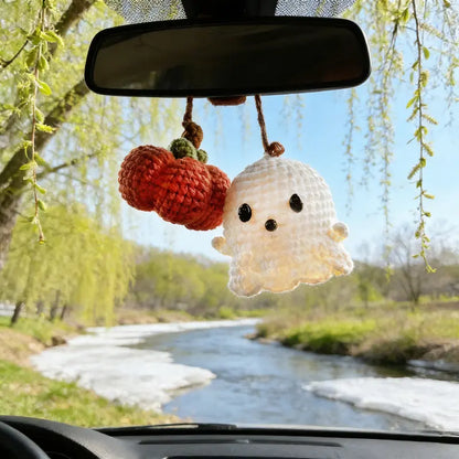 Handmade Crochet Ghost & Pumpkin Rear View Mirror Hanging Car Charm