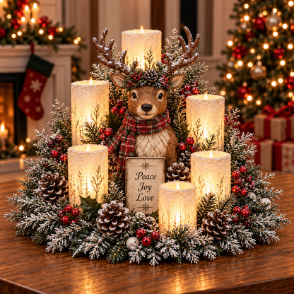 🎄 Christmas Reindeer Candle Centerpiece – Peace, Joy & Love Holiday Table Decor