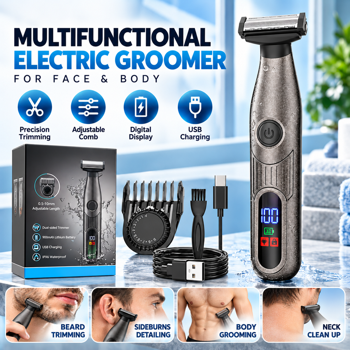 ⚡ 3-in-1 Electric Body Groomer – Adjustable Precision Trimmer for Face & Body