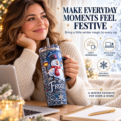☃️Winter Snowman Travel Tumbler with Handle & Straw – Matching Gift Box🥤