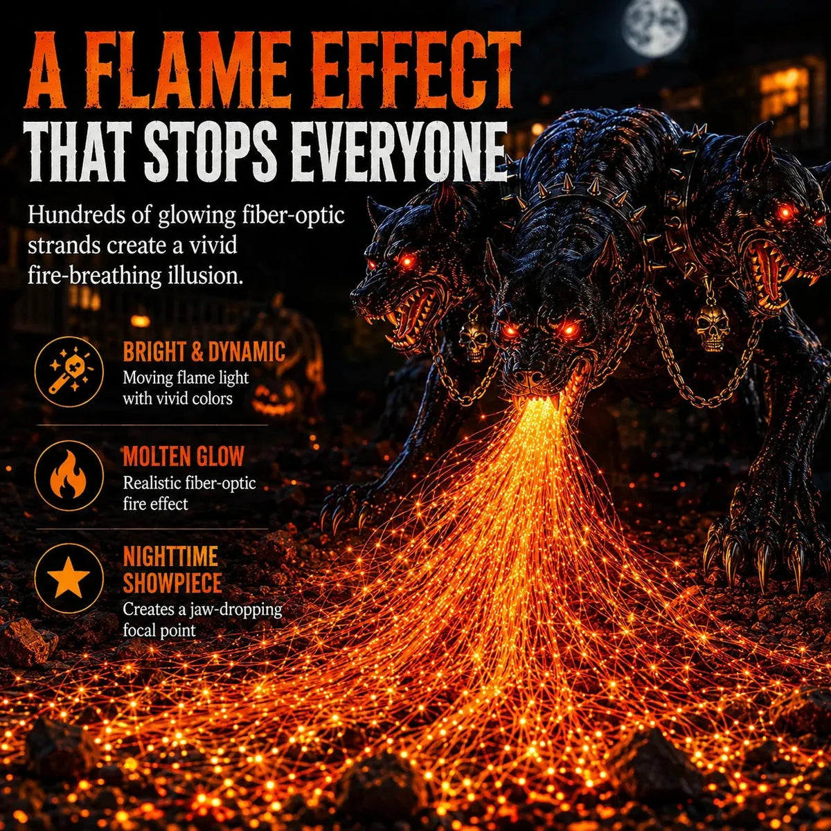 🔥 3-Headed Hellhound Halloween Light – Solar Fire-Breathing Yard Monster CUSBBY