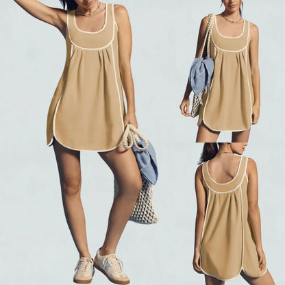 Women's Contrast Trim Sleeveless Swing Dress, Casual Loose Fit Crew Neck Mini Dress, Summer A-Line Tunic Dress for Beach & Daily Wear, Sizes XS-XXXL